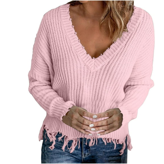 hotojiny Women's V Neck Sweater Casual Tassel Long Sleeve Knitted Pullover Thermal Fitted Trendy Crop Top Fall Winter Outfit