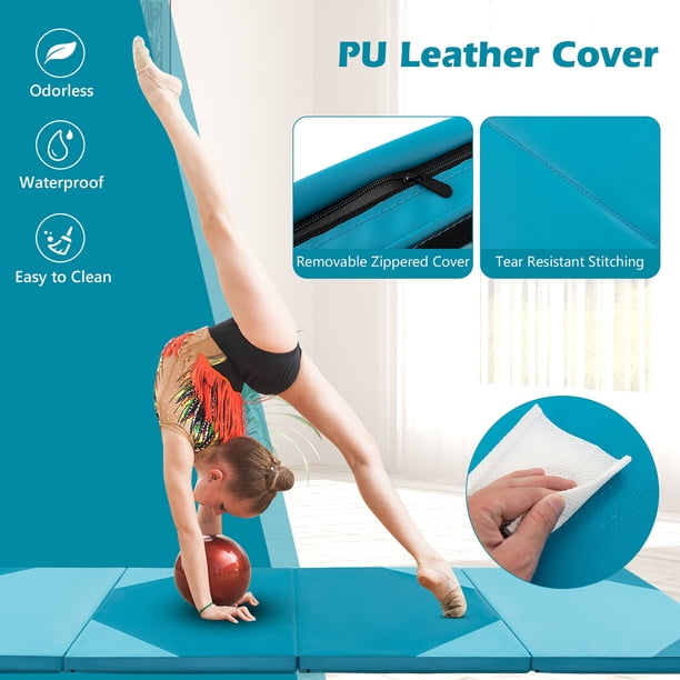 GYMAX Tapis De Yoga Pliable 4 Panneaux - PU Et Mousse EPE, 300x117x5cm, Poignées, Pour Gymnastique Et Arts Martiaux