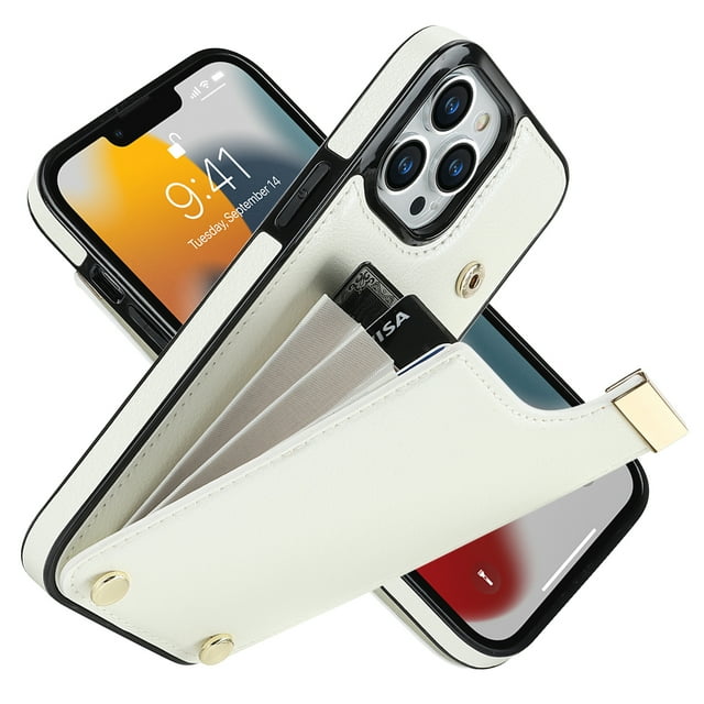 Decase Back Wallet Cover for iPhone 13 Pro Max,Shockproof Premium PU Leather Wallet Card Slot Money Pocket for Men Women Girls Flip Protective Case,White
