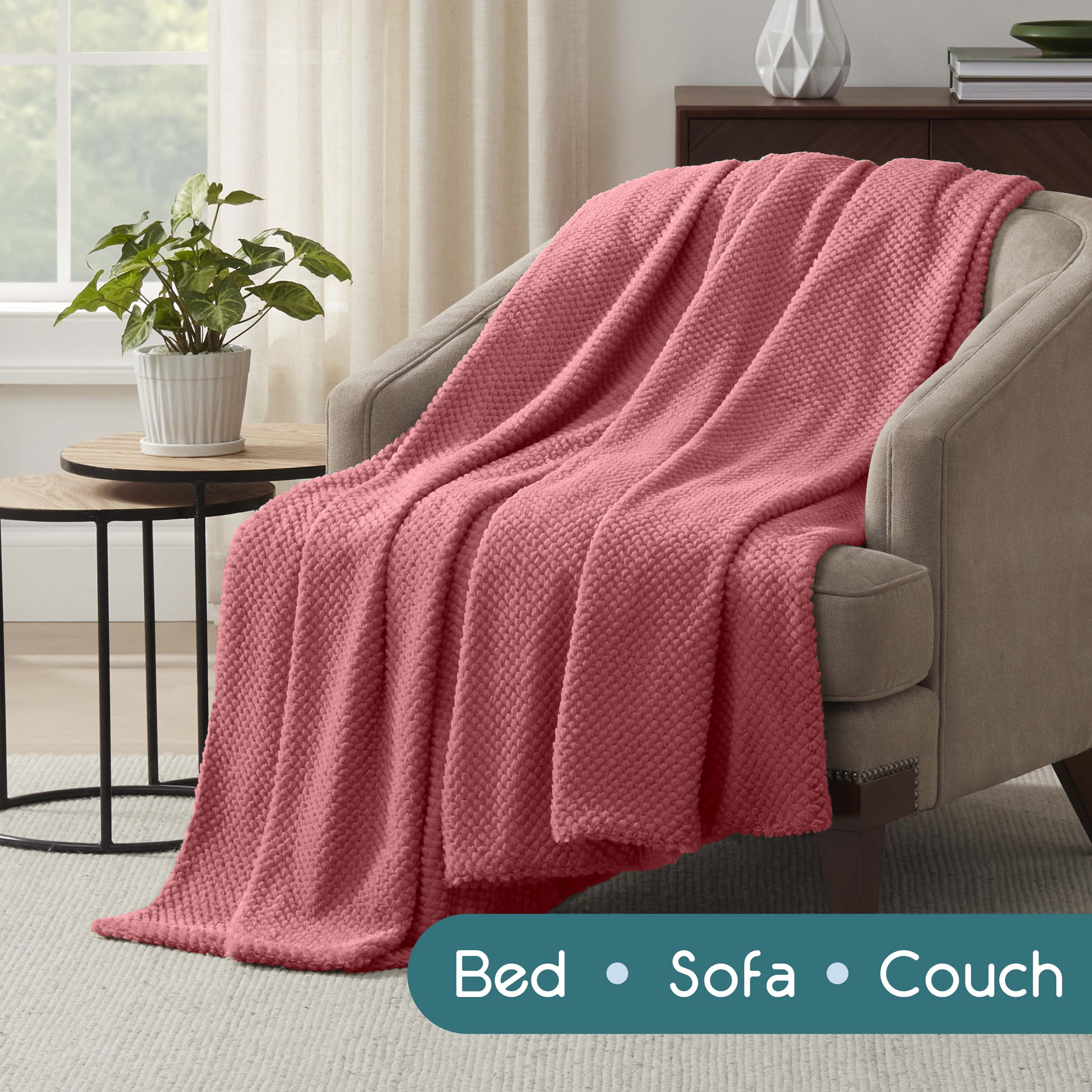 Vellux King Plush Texture Blanket | Ultra Soft Lightweight All-Season Throw | Deep Rose