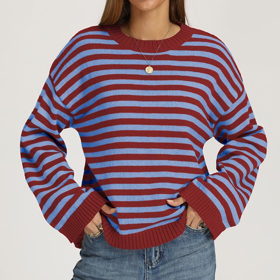JUUNthy Sweater for Womens, Striped Pullover Round Neck Long Sleeve Loose Casual Knitted Tops Red M