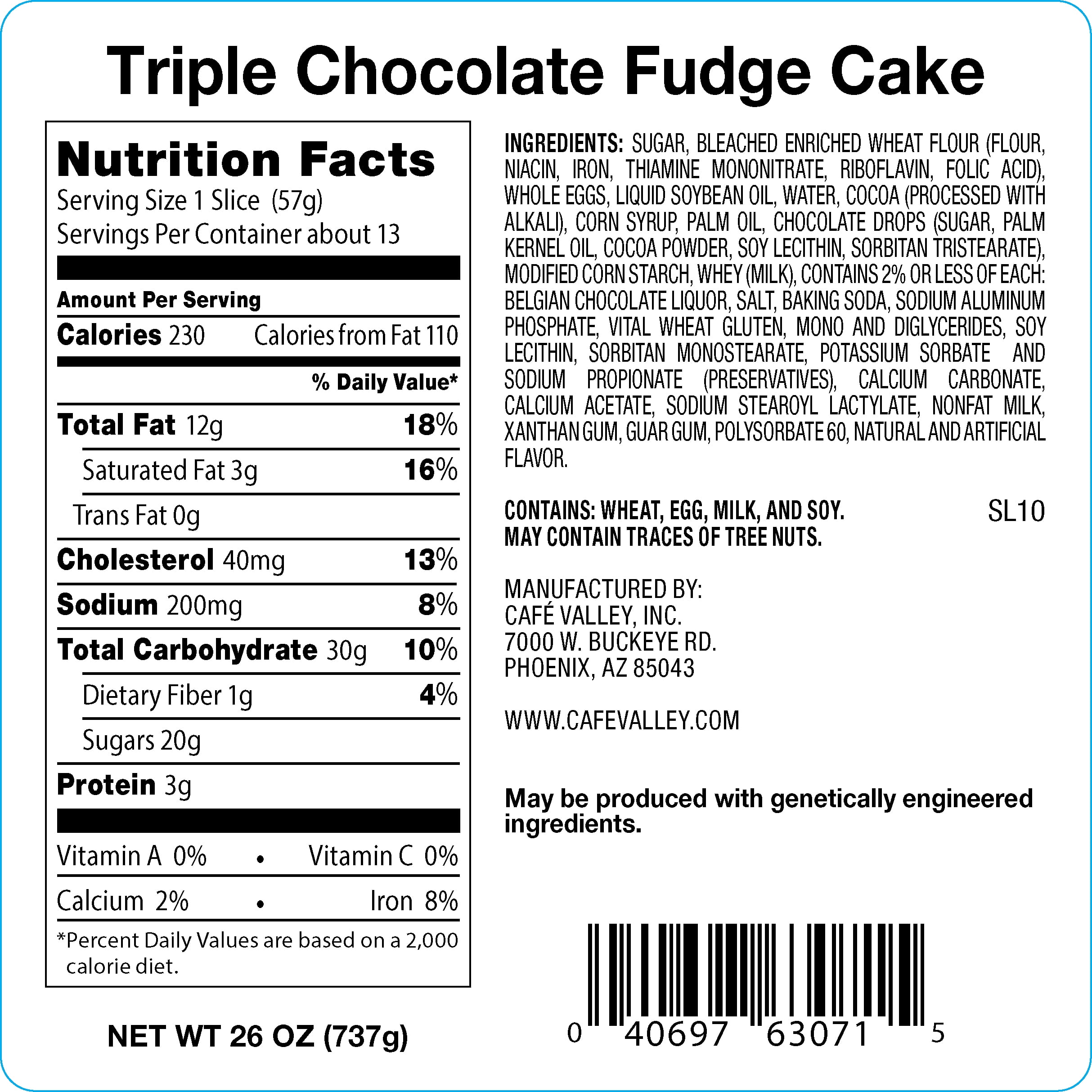 Cafe Valley Bakery Triple Chocolate Fudge Ring Cake, Unsliced, 26 oz (Shelf Stable/Regular)