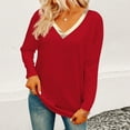thumbnail image 2 of XPMWRP Womens Long Sleeve Oversized Tops V Neck Color Block Lightweight T Shirts Comfy Soft Loose Fit Fashion Pullover Red M, 2 of 7