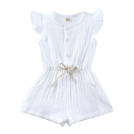 

TUOBARR Toddler Girl Summer Outfits Summer Girls Infant Jumpsuit Overalls Cotton Linen Ruffles Kids Romper Clothing White 110