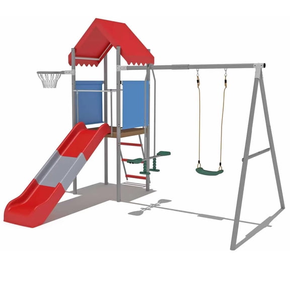 Outdoor Playset with Metal Swing Slide and Treehouse Platform for Backyard, Heavy Duty Playground Equipment with Basketball Hoop for Children Ages 3-8