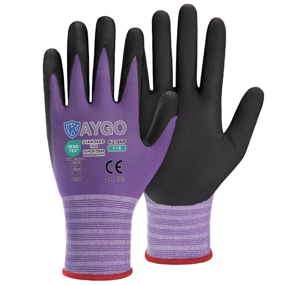 KAYGO 6 Paires de Gants de Sécurité en Microfibre et Nitrile - Doublure en Nylon Sans Couture pour Hommes et Femmes, KG18NB avec Respirant, Prise Supérieure, Idéal