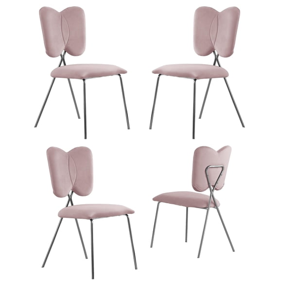 Chaises Latérales Ailées avec Velours Rose et Base Chromée Argentée (Ensemble de 4)