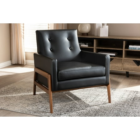 Upholstered Black Lounge Chairs Baxton Studio Perris Mid-Century Modern Black Faux Leather Upholstered Walnut Wood Lounge Chair ()