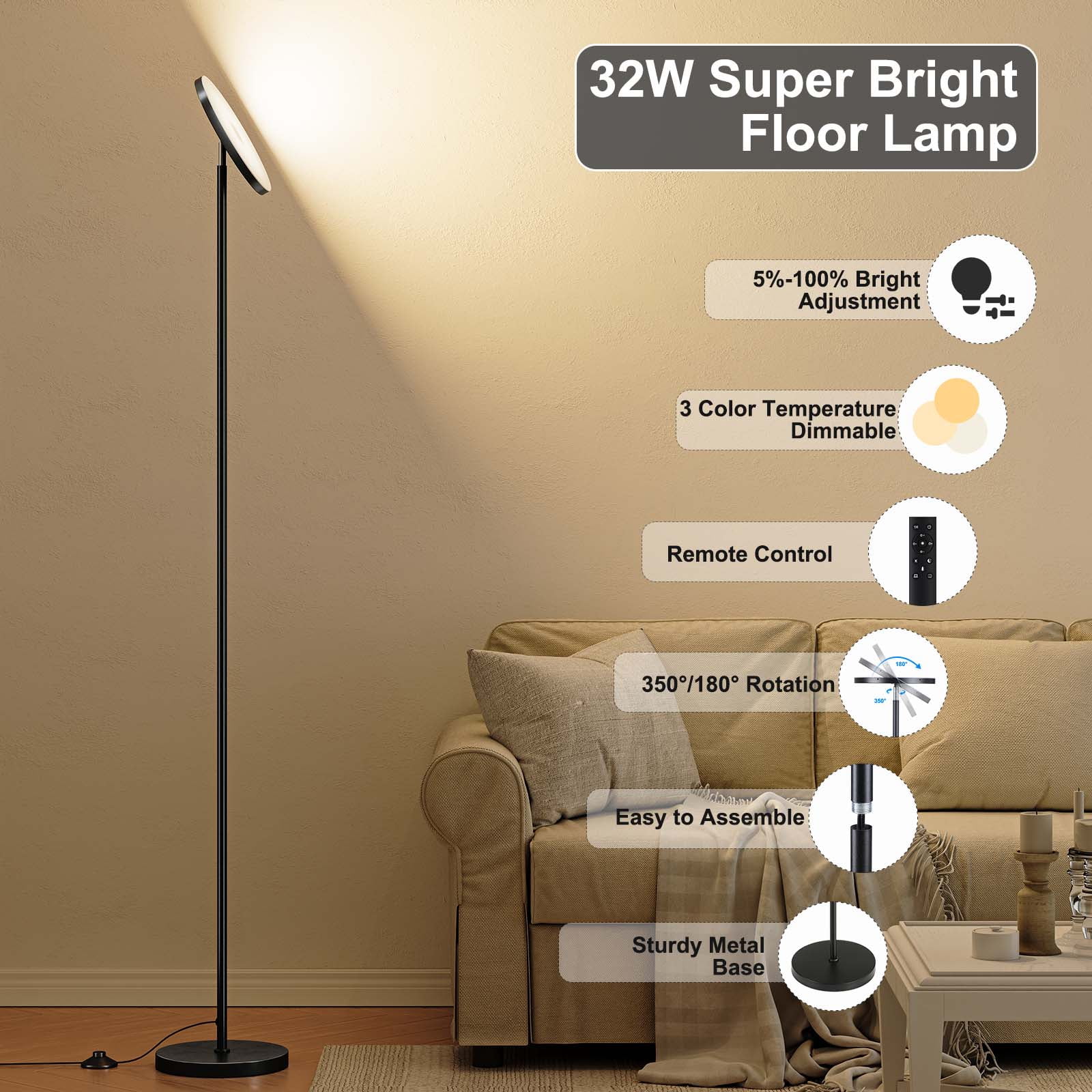 SUNMORY 69" Modern Remote Control Black Torchiere Floor Lamp, Led Super Bright Standing Lamp, Tall lamp for Living Room Bed Room