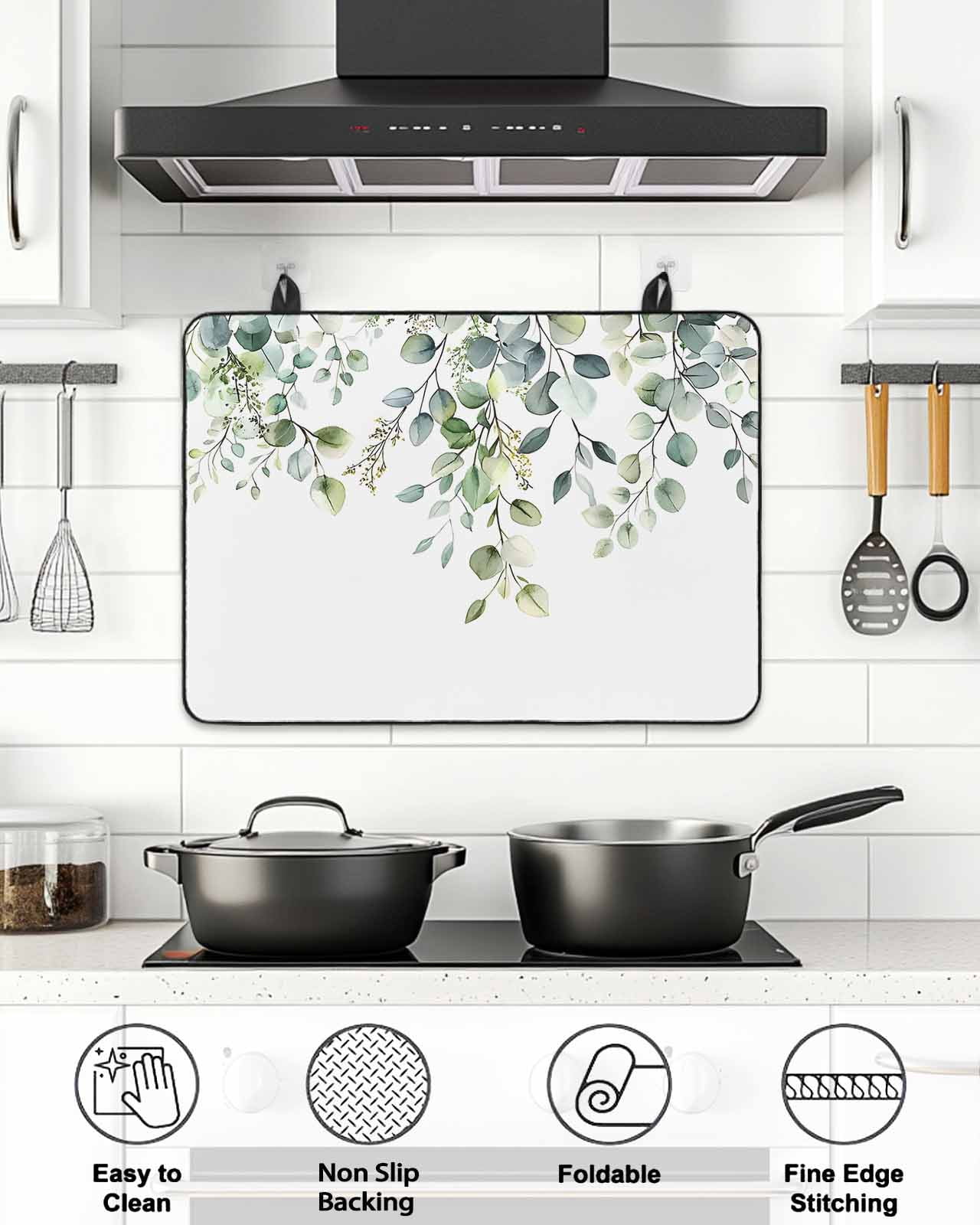 Stove Top Covers for Electric Stove, Green Eucalyptus Leaves Glass Stovetop Cover Protector, Summer Watercolor Botanical Induction Cooktop Protector Oven Mat for Kitchen Countertop 24"x21"