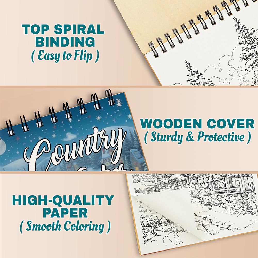 Netecom Christmas Country Winter Coloring Book Spiral Bound For Adults, A5 Wooden Cover, 30 Calming Coloring Pages of Winter Scenes for Stress Relief and Relaxation