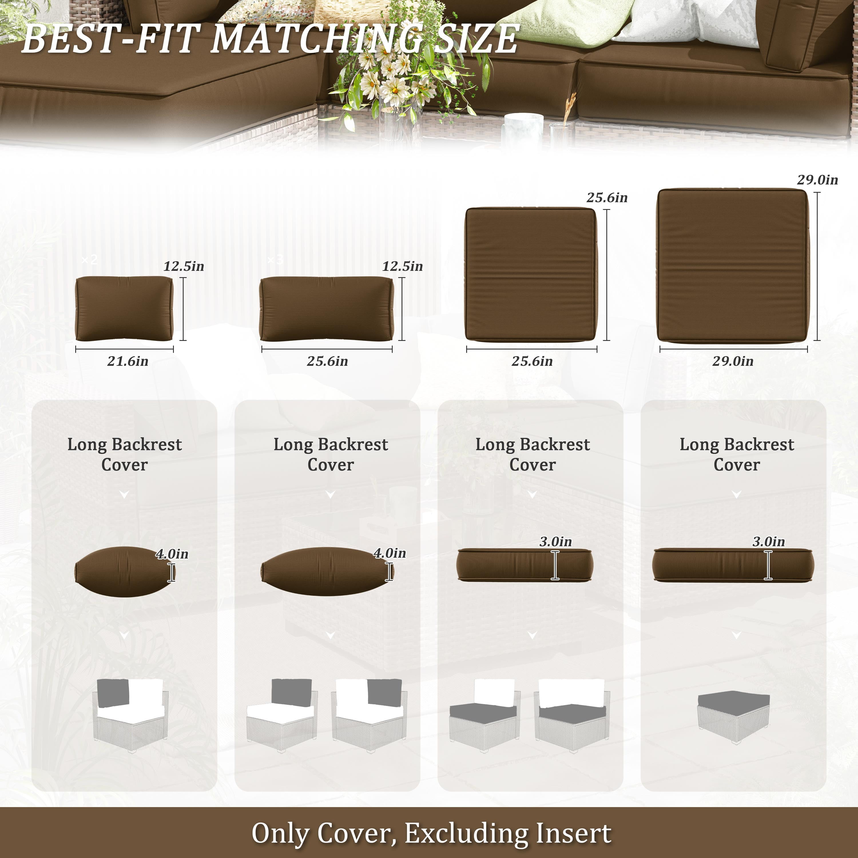 Kimunuk 9Pcs Outdoor Slipcovers for Cushions, Waterproof Patio Cushion Replacement Covers with Zipper for 4-Seat Patio Furniture Set, Chocolate
