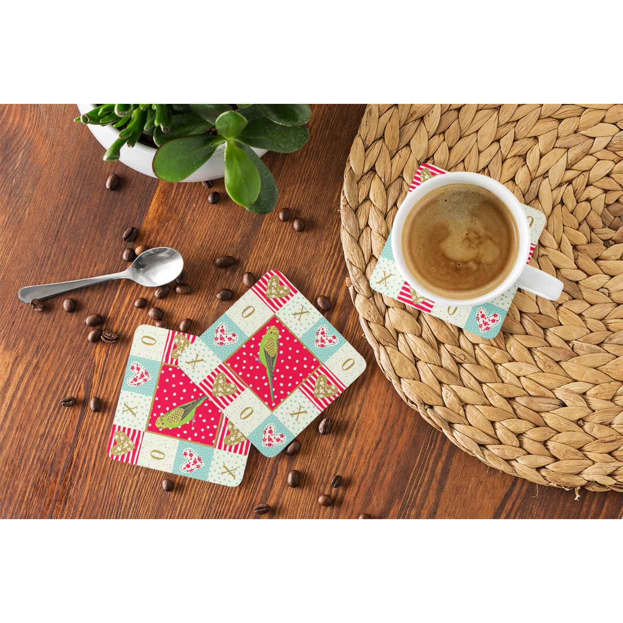 Budgerigar Love Foam Coaster Set of 4 Red