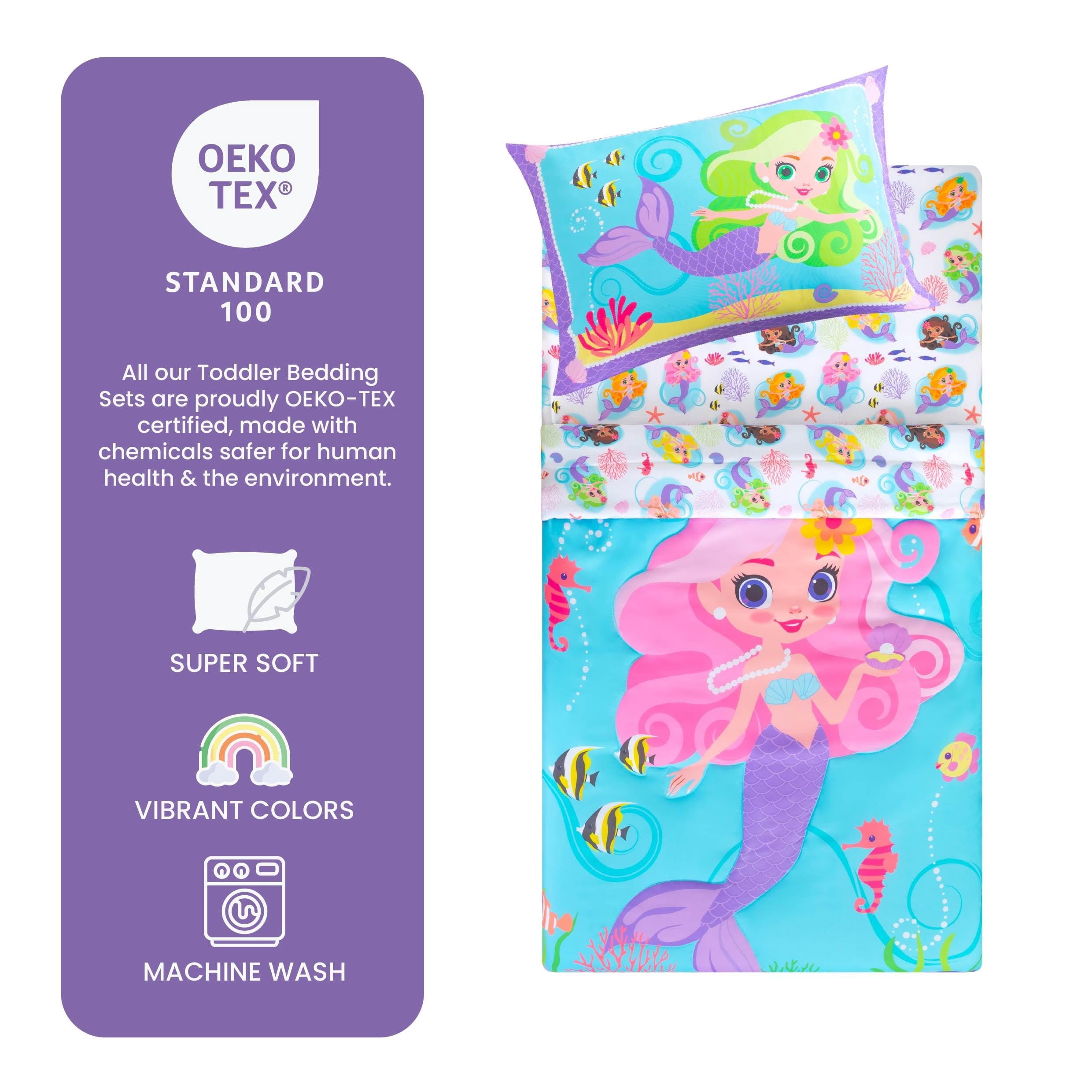 Todays Kids Mermaids Toddler Bedding Set for Girls - 4-Piece Toddler Bed Sheets and Comforter Set, Reversible Comforter & Pillowcase, Flat Sheet, Fitted Sheet, Breathable & Super Soft Microfiber