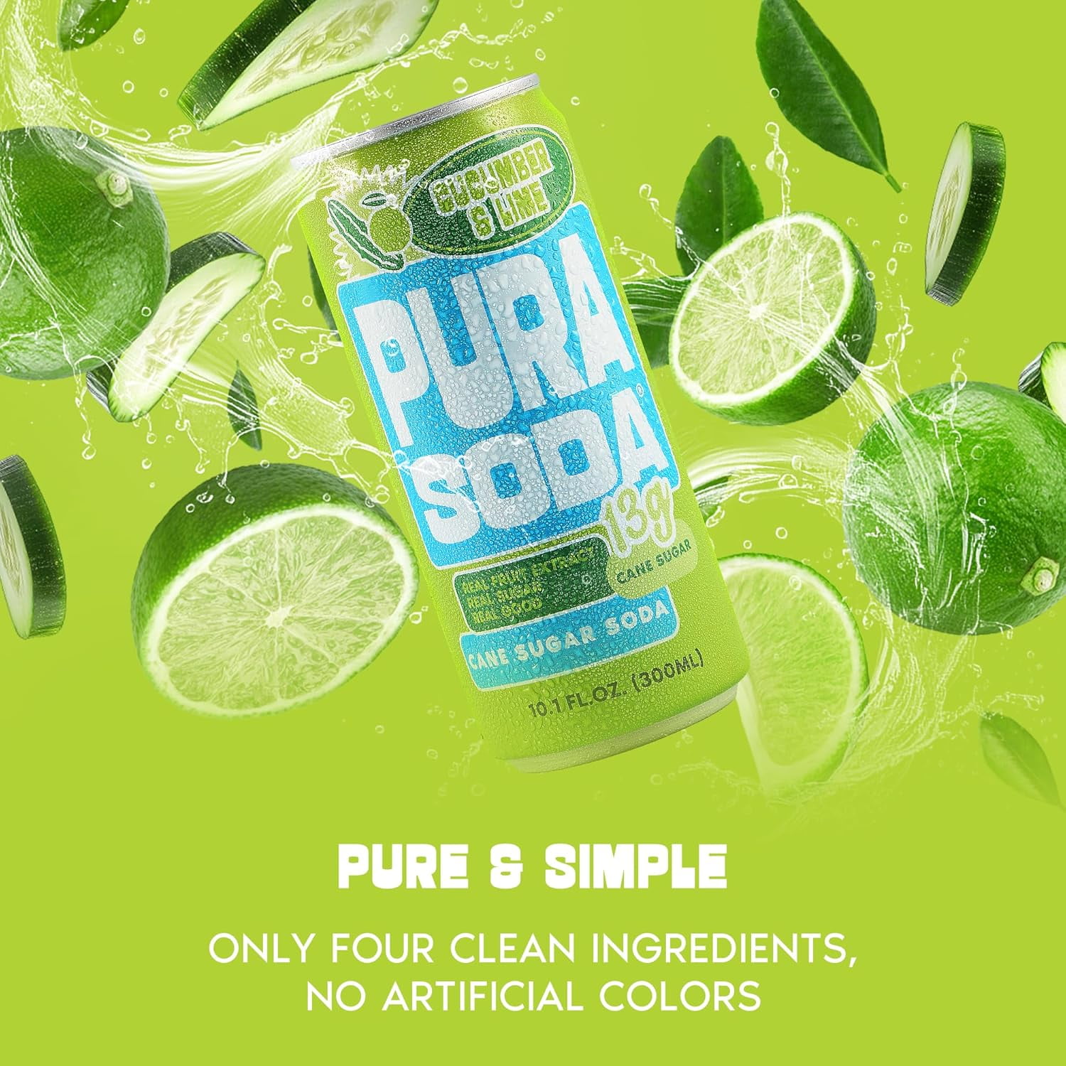 PuraSoda® Cucumber & Lime | Low-Calorie, Cane Sugar Soda Beverage | Non-GMO, Vegan | Made with Pure Cane Sugar, No Preservatives | 10.1 fl oz (300ml) Cans, 24-Pack