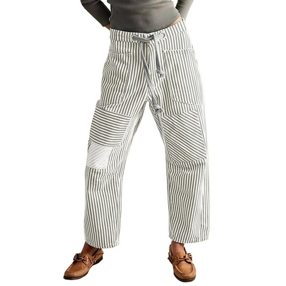 Women's Hip Hop Baggy Jeans Wide Leg Vintage Denim Pants with Striped Distressed Design, Mid-Low Waist Jeans Casual Loose Fit with Pockets for Streetwear,Gray L