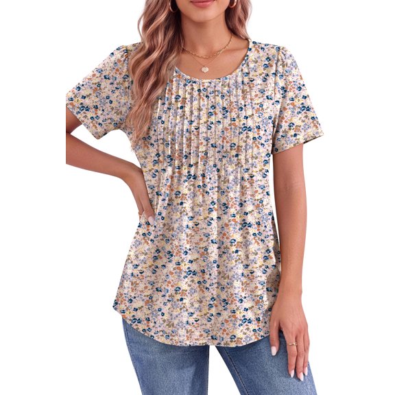 Fantaslook Blouses for Women Pleated Short Sleeve Tunic Tops Dressy Casual Summer Shirts