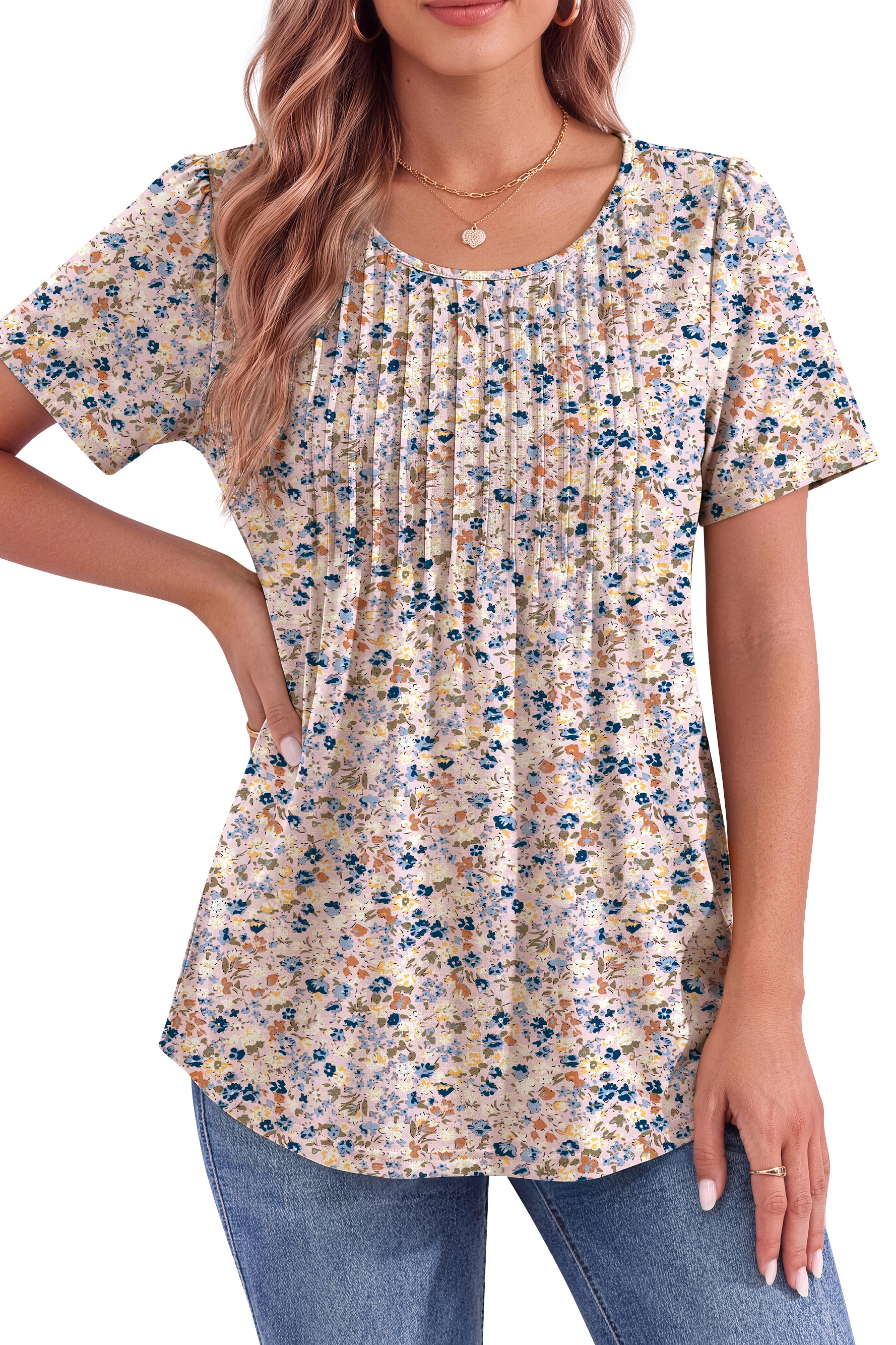 Fantaslook Women's Pleated Tunic Blouse, Short Sleeve, Pink