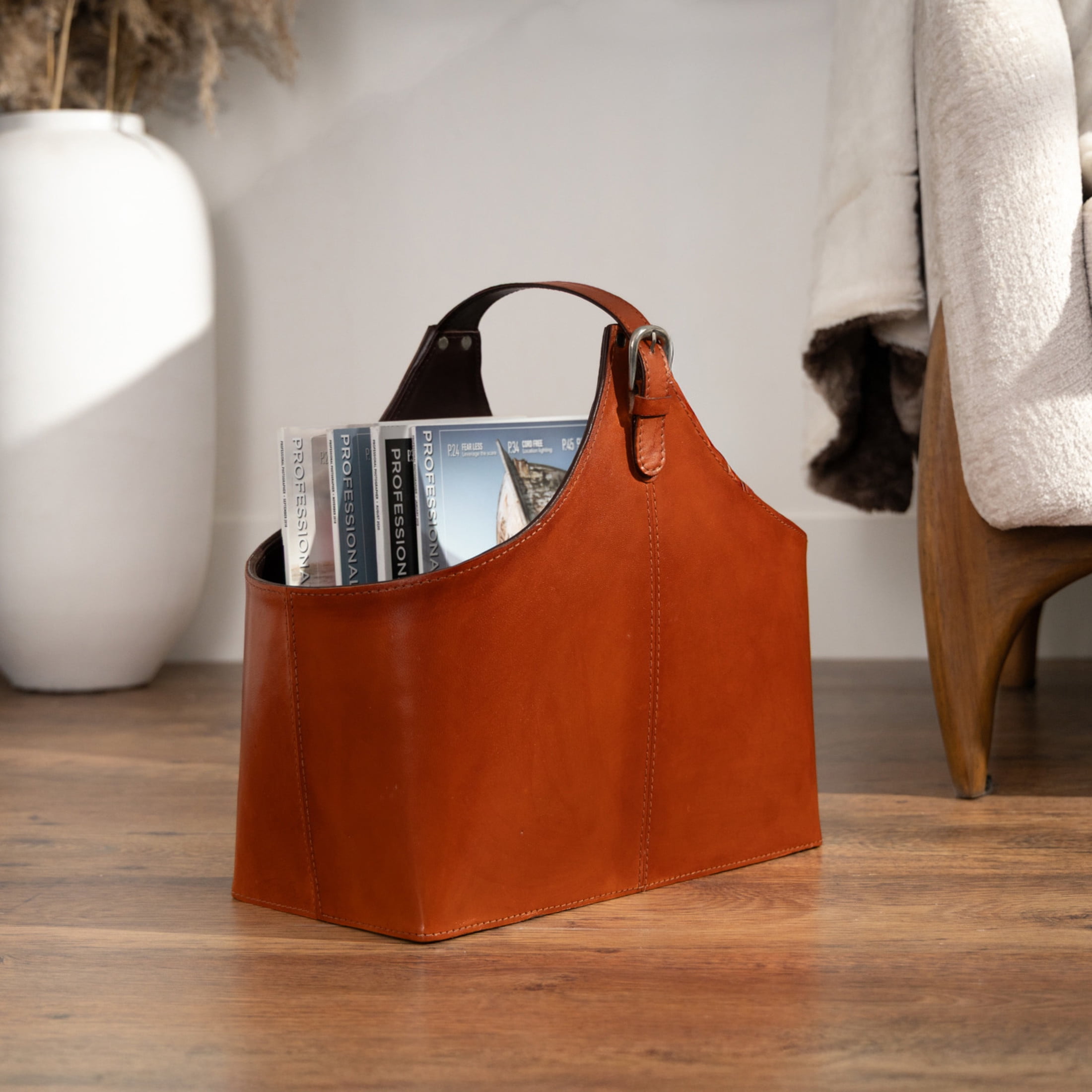 DecMode 15" Brown Leather Handmade Box Style Magazine Holder with Detail Stitching and Curved Buckle Handle