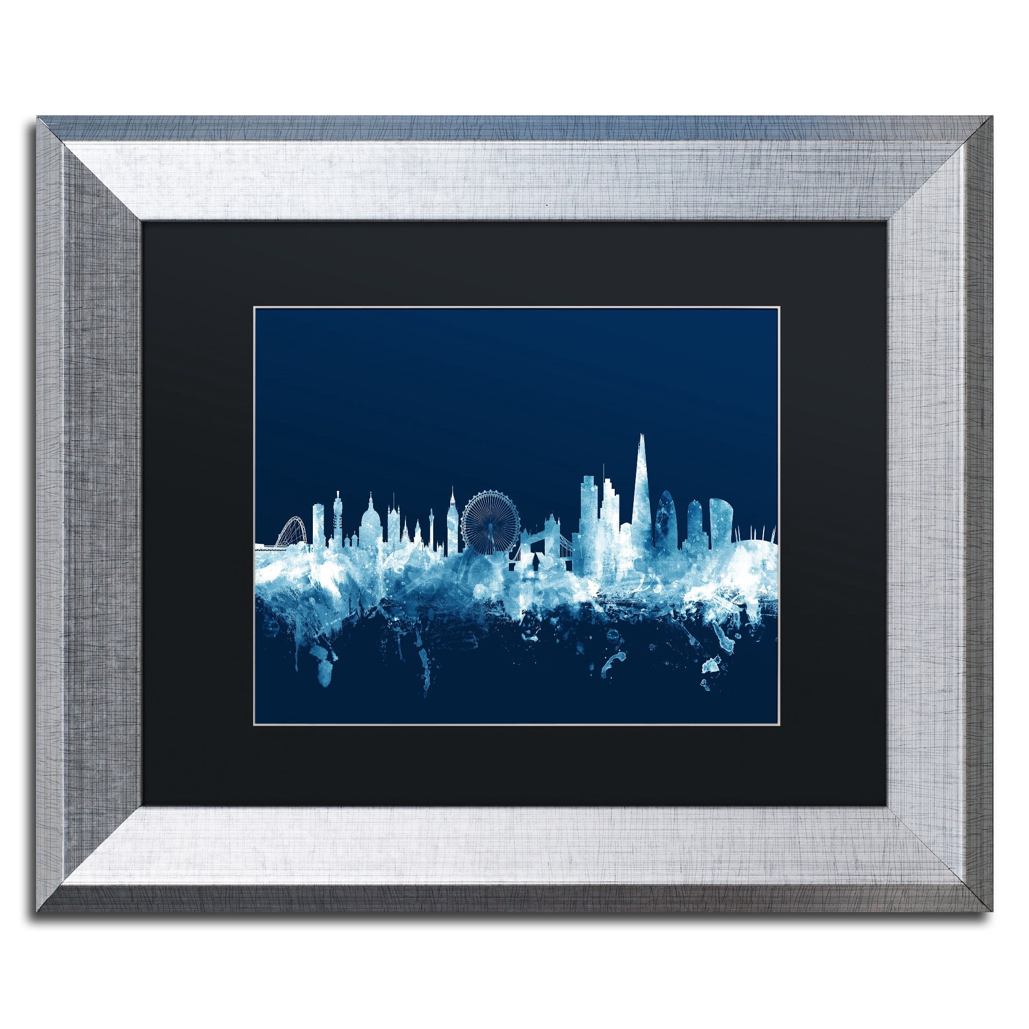 Trademark Fine Art "London England Skyline Navy" Canvas Art by Michael Tompsett, Black Matte, Silver Frame