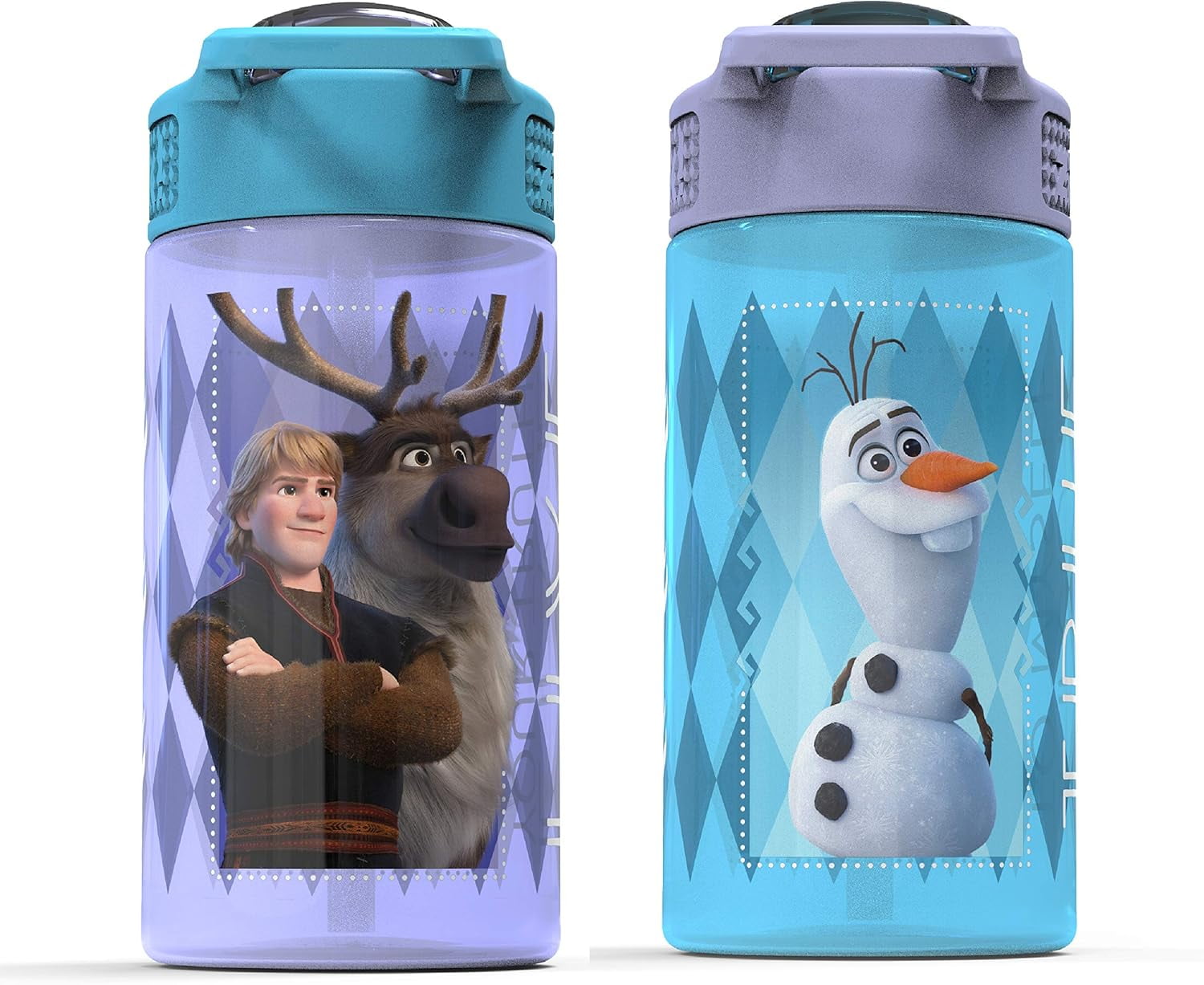 Zak Designs 2pc 16 oz Disney Frozen 2 Movie Kids Water Bottle Plastic with Easy-Open Locking Spout Cover for Travel, Anna and Elsa