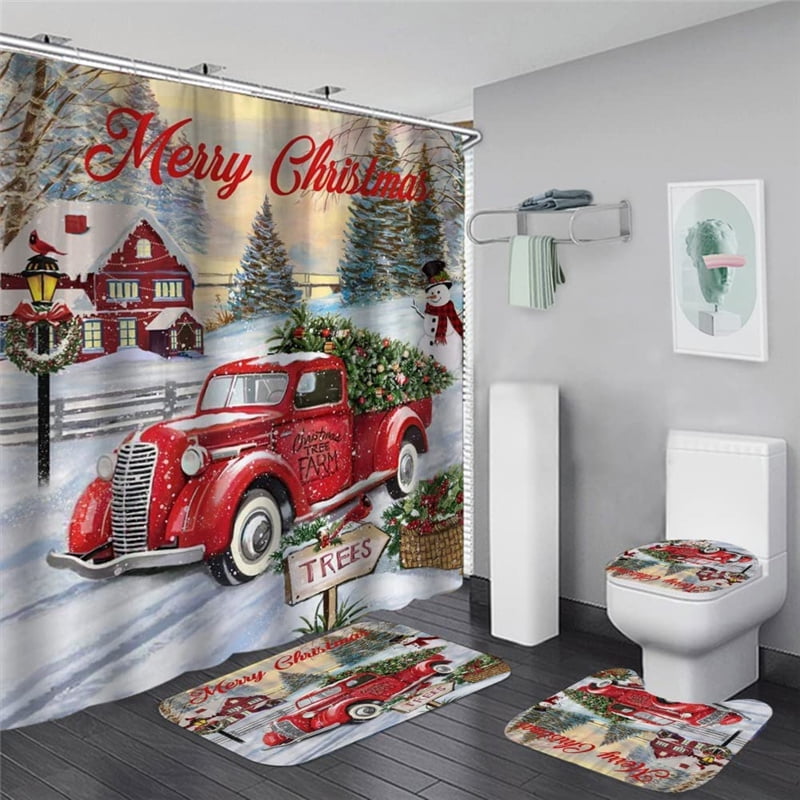 4 pcs Farmhouse Truck with Christmas Tree Shower Curtain Set, Merry Christmas Snowman Bathroom