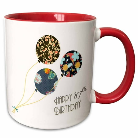 3dRose Happy 87th Birthday - Modern stylish floral Balloons. Elegant black brown blue 87 year old Bday - Two Tone Red Mug, (Best Cup For 3 Year Old)