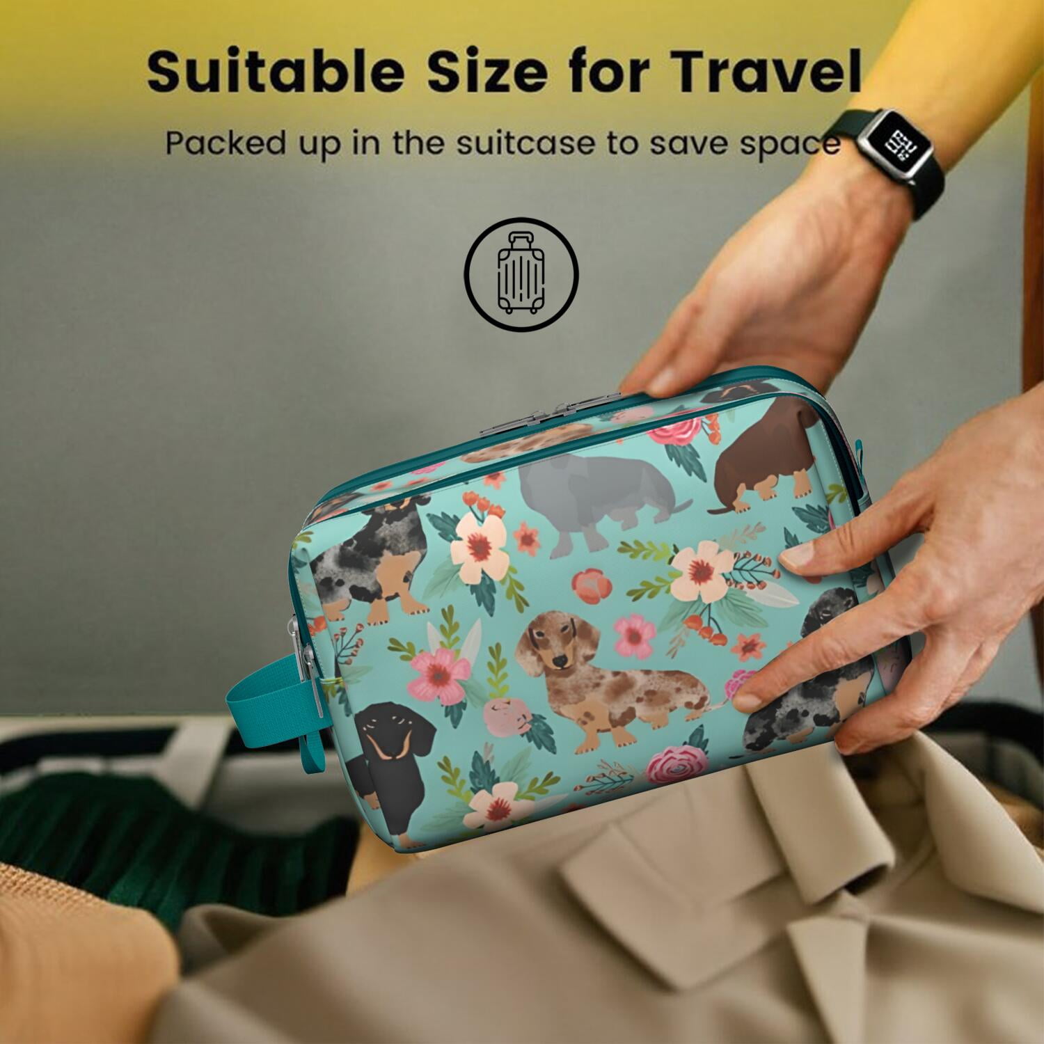 Toiletries Bag,Dachshund and Flower Mens Womens Toiletry Bag Bathroom Bag,Waterproof Toiletry Travel Bag Dopp Kit Shaving Bag 11x6.3x5.1 Inch
