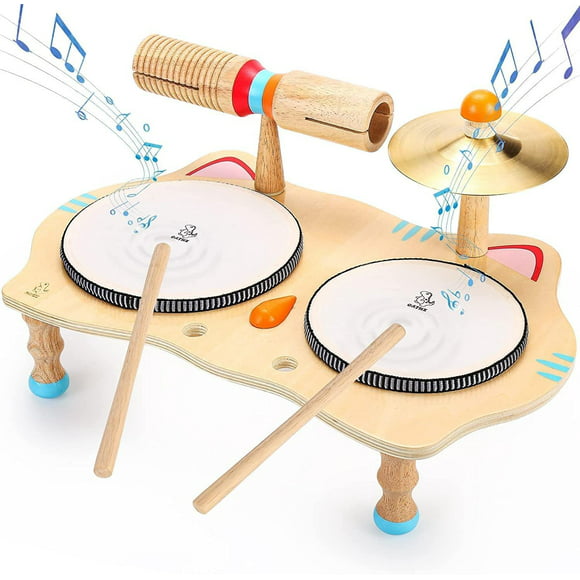 OATHX Kids Drum Set Music Toy Wooden Musical Instruments Learning Toy Baby Toy for Boy Girl 1-5 Year