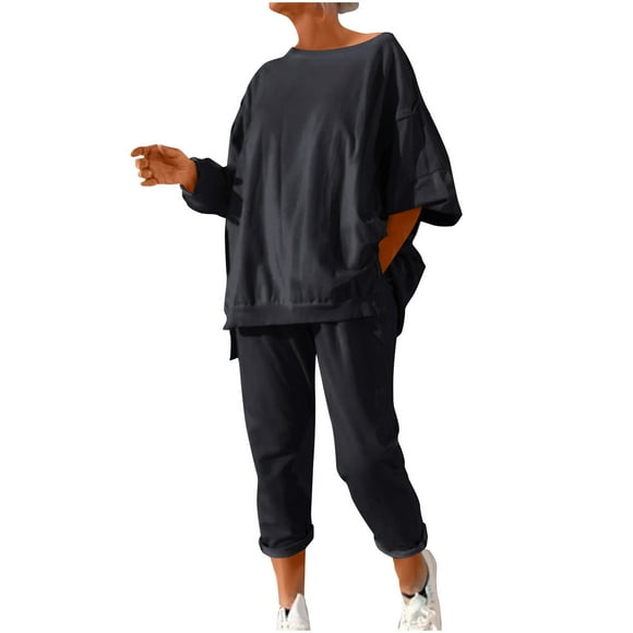 biudgviw Womens 2 Piece Outfits Side Split Long Sleeve Sweatsuit Oversized Crew Neck Sweatshirts and Sweatpants Lounge Set with Pockets