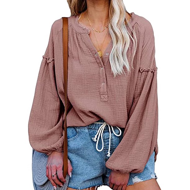 Worallymy - Blusa de manga larga para mujer con cuello en V y color sólido Worallymy JD735906130