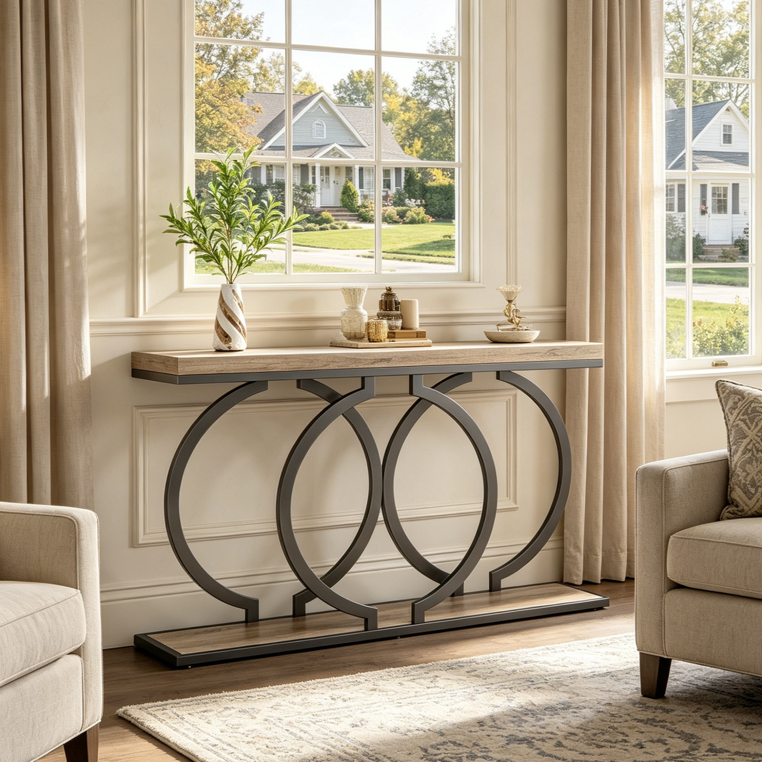 Fnova 55" Console Table, Modern Entryway Table with Geometric Metal Frame, Faux Marble Narrow Long Sofa Table for Living Room, Entrance, Hallway