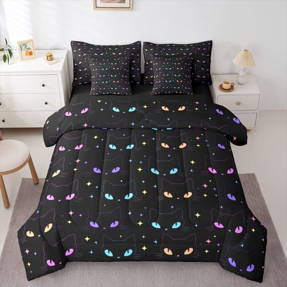 Homewish Colorful Cats 7-Piece Twin Bedding,Cartoon Animal Themed Bedding Comforter Set,Black,Black Reversible
