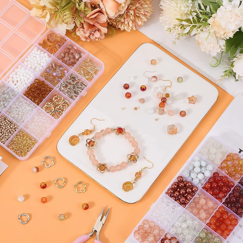 2 Box 2551Pcs Brown Bead Kit Glass Seed Beads Kit Acrylic Round 8mm Beads with Hollow Charms Paw Prints Earwires for Jewelry Making Supplies Bracelet Necklace Earrings Crafts colorful DIY