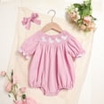 thumbnail image 2 of ZEHJUHAN Baby Girl's 2-Piece Romper Set, Bunny Embroidered Ruffle Crew Neck Puff Sleeve Onesie with Hair Bow Pink，3-6M, 2 of 10