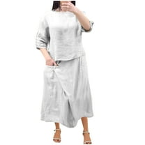 NaWent Cotton Linen Skirt 2 Piece Set Clearance Women's Summer Solid Round Neck 3/4 Sleeve Tops Skirt Suit White L