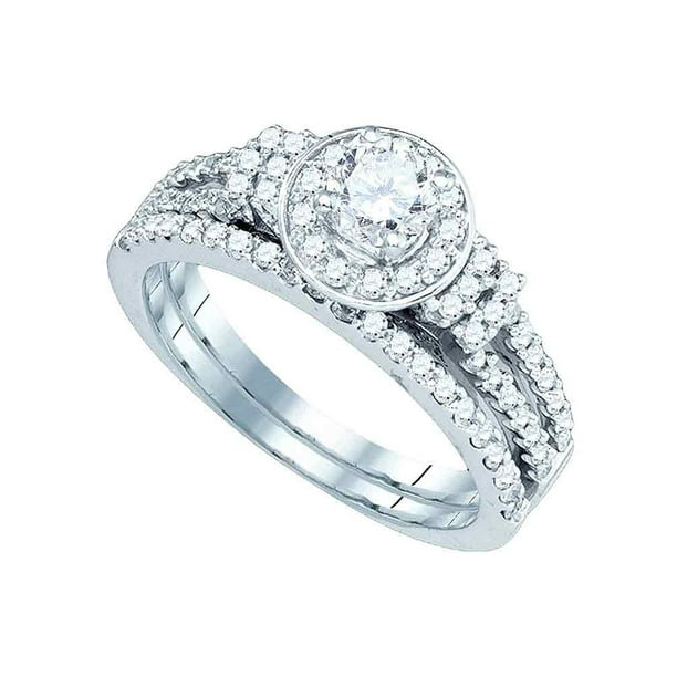 14kt White Gold Womens Natural Diamond Round Halo Bridal Wedding Engagement  Ring Band Set (1.00 cttw.) size- 8.5