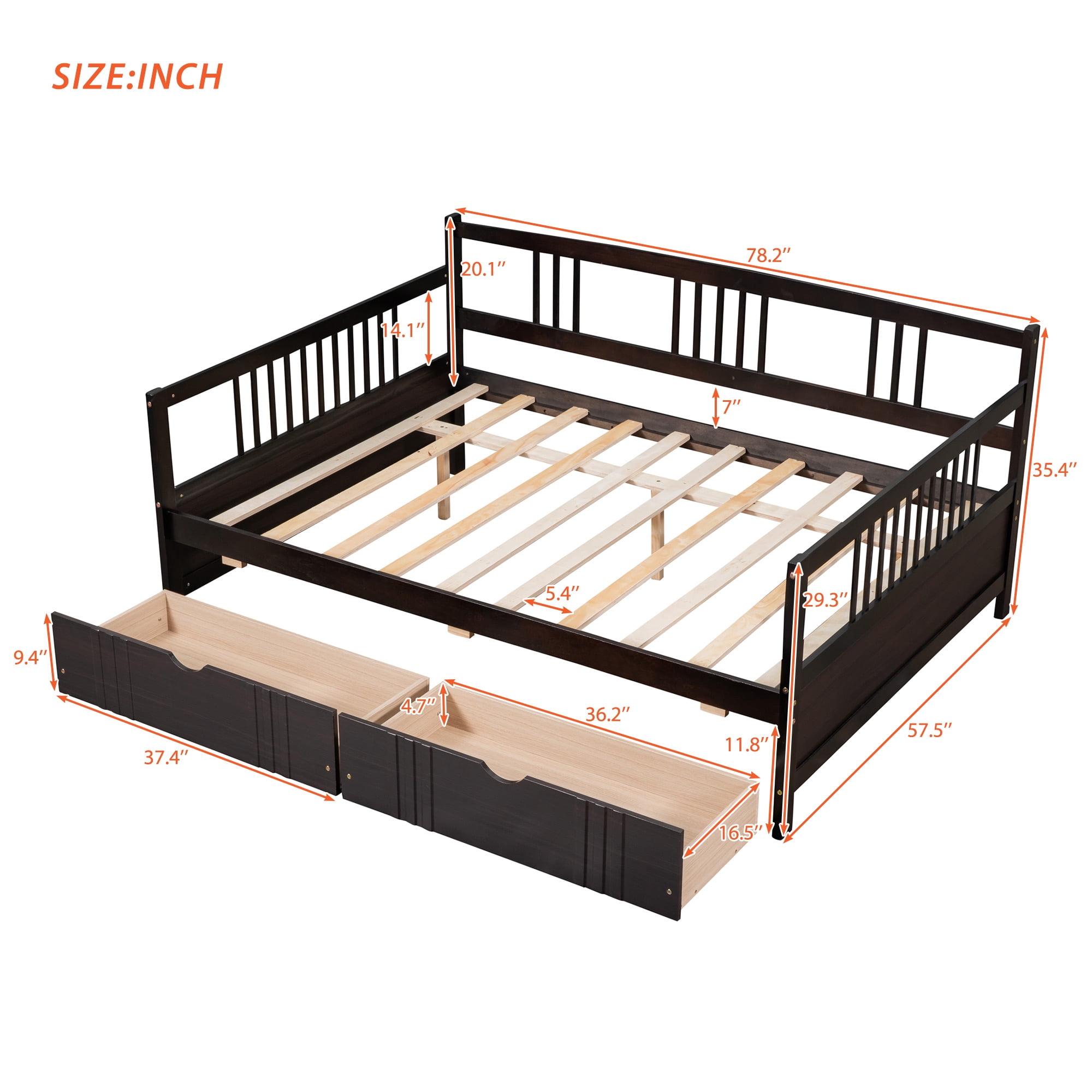 Gewnee Full Size Daybed with Two Storage Drawers,Wooden Sofa Bed for Kid's Bedroom,Espresso