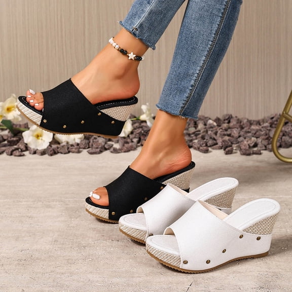 Women's Wide Width Espadrille Wedge Sandals, Slip-On Peep Toe Mules with Rivet Detail, Comfortable Casual Summer Heels, Black/White