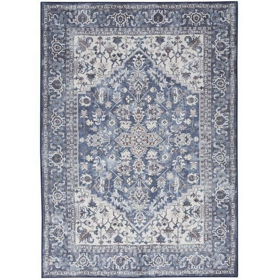 5 x 7 ft. Gray, Ivory & Blue Floral Power Loom Distressed Washable Area Rug