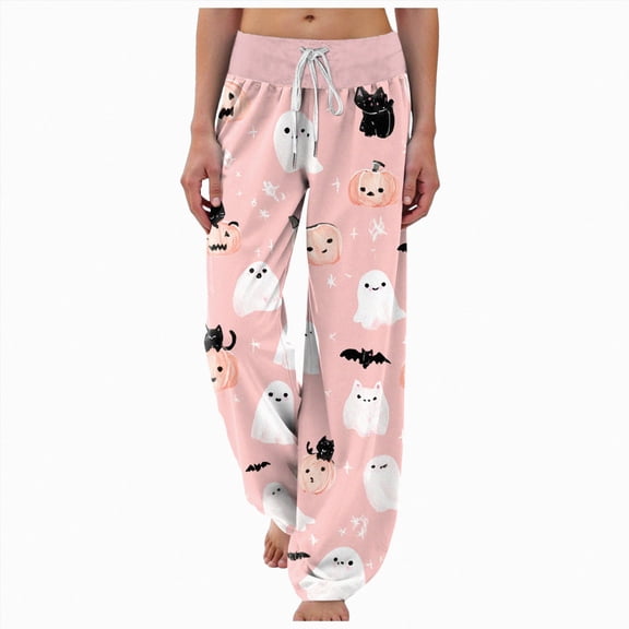 CAUYDY Joggers Pants for Women Halloween Sweatpants for Women Trendy Ghost Funny Print Drawstring Waist Wide Leg Pants(L101-Light Pink,XXL)
