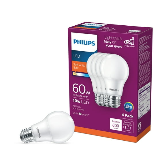 Philips LED Light Bulb, A19, Soft White, 60 WE, 4 Ct