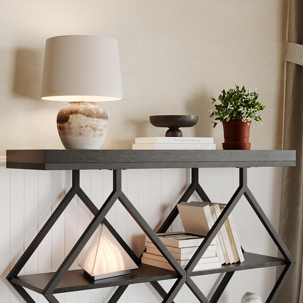 Litake 3-Tier Entryway Table, Industrial Console Sofa Table with Storage, Accent Table with Open Shelves, Diamond-Shaped Metal Frame, Foyer Table for Entryway, Hallway, Black