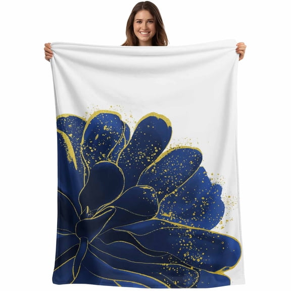 Flannel Fleece Throw Blanket Navy Blue Flower Gold Edge Lightweight Soft Plush Blankets,Abstract Floral Cozy Warm Throw Blanket for Couch Sofa Bed Car Office All Season Use 40x50in