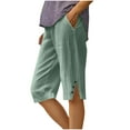thumbnail image 3 of Feancey Bermuda Shorts for Women Cotton Linen Plus Size Shorts Loose Fit Casual Knee Length Shorts Side Slit Trendy Beach Vacation Shorts with Pockets Mint Green M, 3 of 7