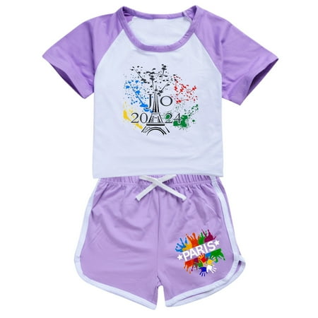 

Outfits for Teens French Tower Tourism Commemorative Print Color Block Sleeves Shirt Shorts Casual 1 Kids Suits for Girls