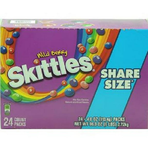SKITTLES KING SIZE WILD BERRY BITE SIZE CANDIES 4 oz Each ( 24 in a Pack )
