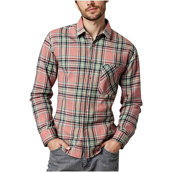 VgaVtl Long Sleeve Mens Shirts Turn Down Collar Winter Tops for Men Pink Plaid Button Holiday Leisure Loose Shirts,L