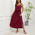 thumbnail image 4 of Summer Womens Solid Color Dress U Neck Adjustable Drawstring Side Slit Beach Casual Gown L, 4 of 6