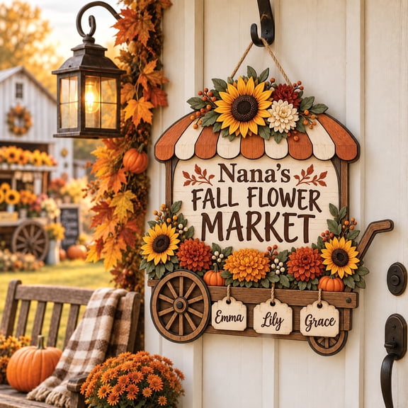 Door Sign, Fall Flower Market Wooden Personalized Entryway Hanging for Thanksgiving Gift
